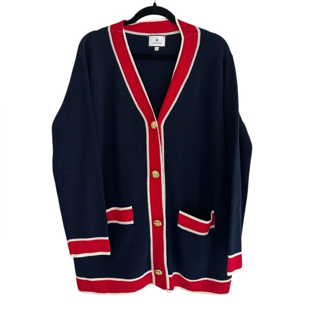 Tuckernuck Lauren Cardigan Midnight Navy Red Gold Buttons Pockets Wool Size L